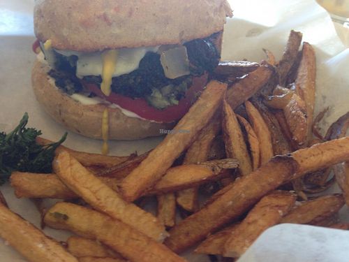 Spicy black bean burger and fries at Go Vegan Grill in Decatur