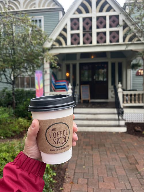 A maple spice latte with soy milk (and a view of the front of the building)  at The Coffee Spot  in Simsbury