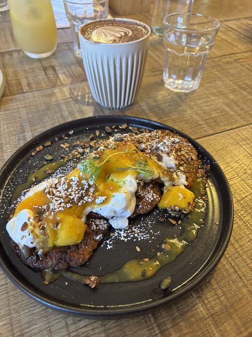 Pumpkin pancakes and soya hot chocolate  at The Table in London