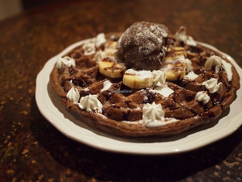 Chocolate waffle with icecream. All vegan! at Veganday Cafe in Taichung