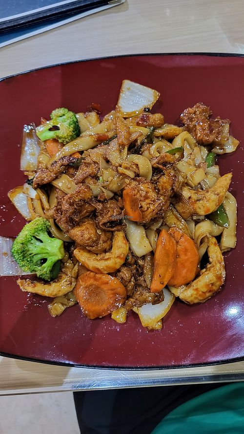 Drunken Noodles with vegan chicken and vegan shrimp. So flavourful! at Boualouang Laos & Thai Cuisine in Edmonton