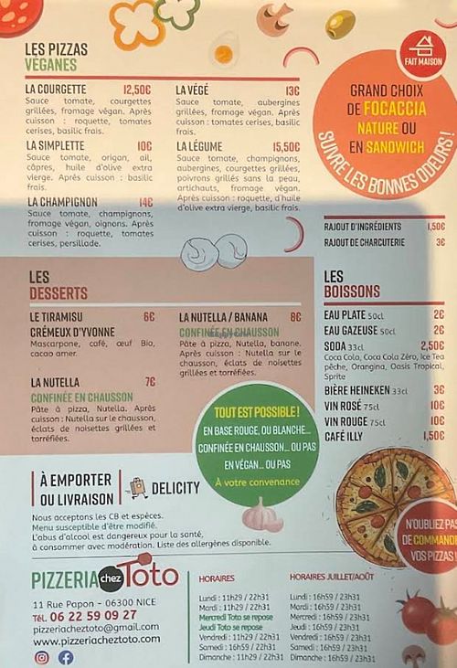 Menu at Pizzeria Chez Toto in Nice