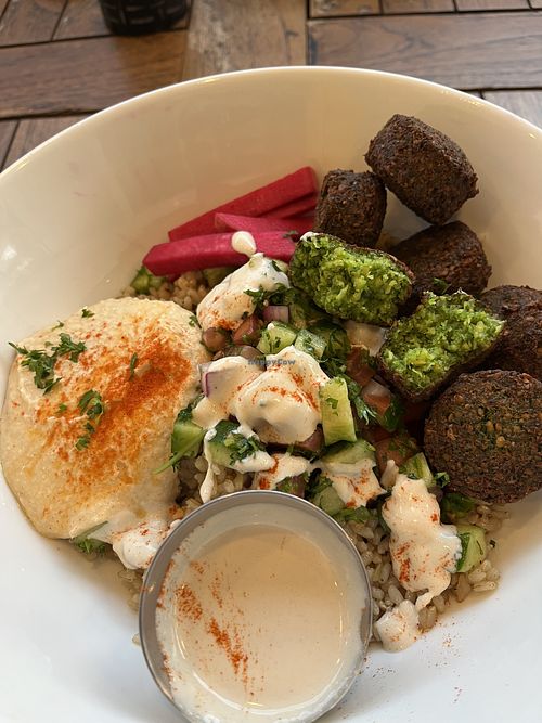 Falafel bowl with brown ricee  at Pita Café + Marina Del Rey in Los Angeles