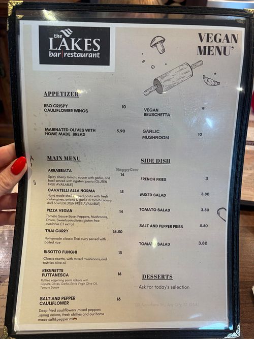 Vegan menu at The Lakes at The Lakes Restaurant in Skegness