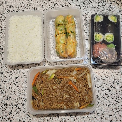Rice, veggie rice (just vegetables and rice), avocado makis, veggie spring rolls at Pousse Pousse in Rabat