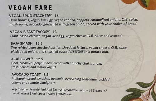 Vegan portion of menu   at Orange Blossoms in Jacksonville