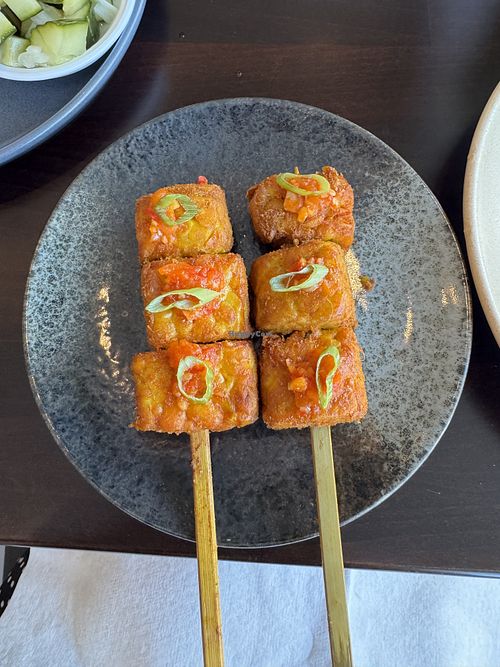Tempeh sate (house made tempeh)  at PADI Indonesian Restaurant & Wine Bar in Los Angeles