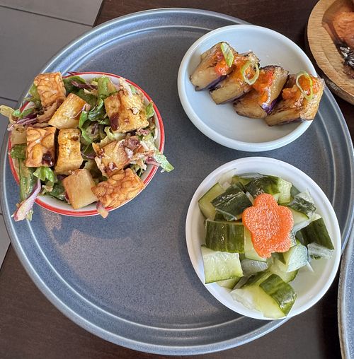 Sampler from Dine LA Week (gabo gabo, eggplant, pickled veggies)  at PADI Indonesian Restaurant & Wine Bar in Los Angeles
