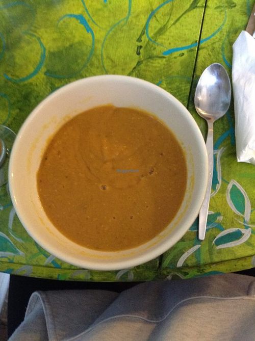 Creamy tomato and lentil soup. at Mudlarks Garden Cafe in Hertford