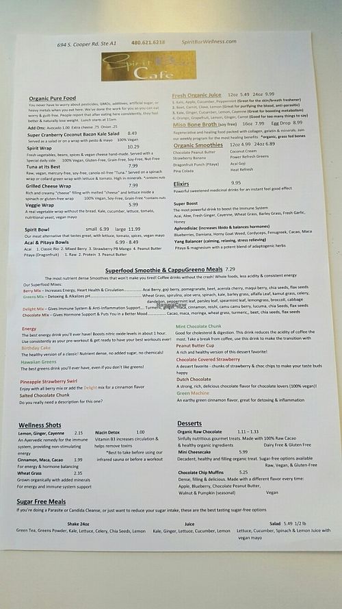 menu as of 4/13 at Spirit Bar in Gilbert