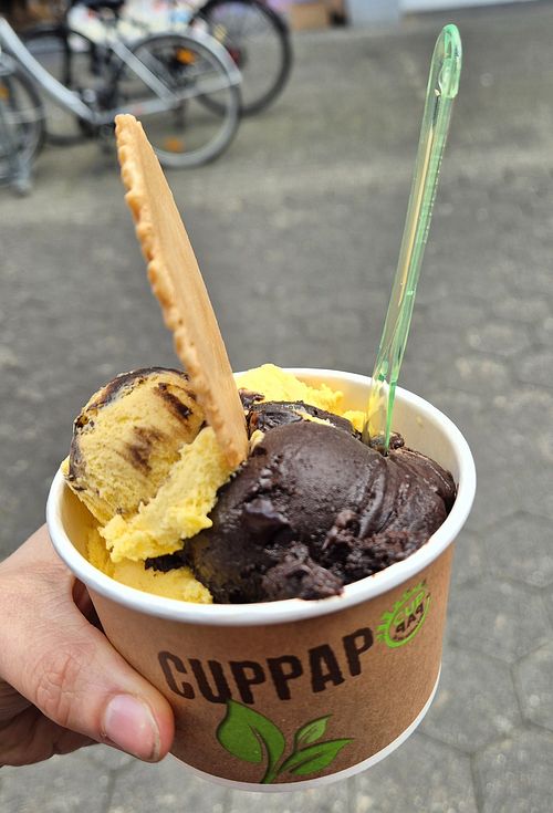 Mango und Dunkle Schokolade im Becher mit veganer Waffel at Eiscafé Salvatore in Detmold
