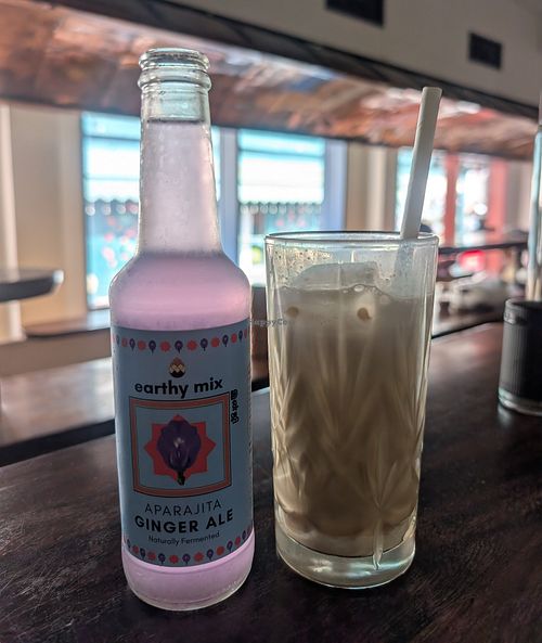 Blue ginger ale and Vietnamese cold coffee(not vegan) at Chez Artizan in Puducherry