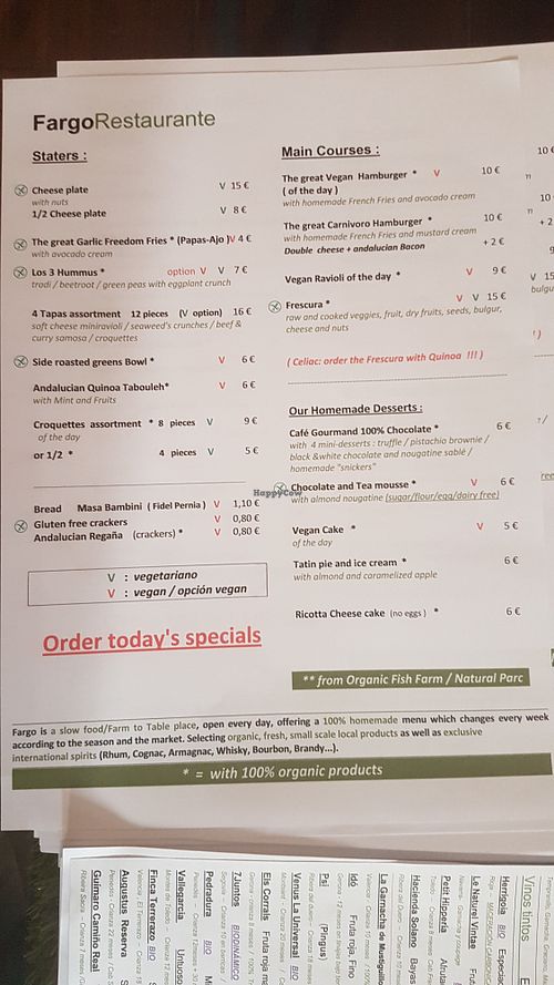 Menu in English at Fargo in Sevilla