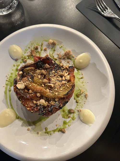 Fonduta di patate con verdure grigliate, granella di frutta secca e crema al limone  at Rosmarina in Castellammare Del Golfo