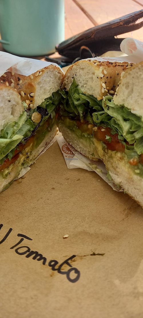 Tomato avo bagel at Bus Stop Cafe Kaikoura in Kaikoura