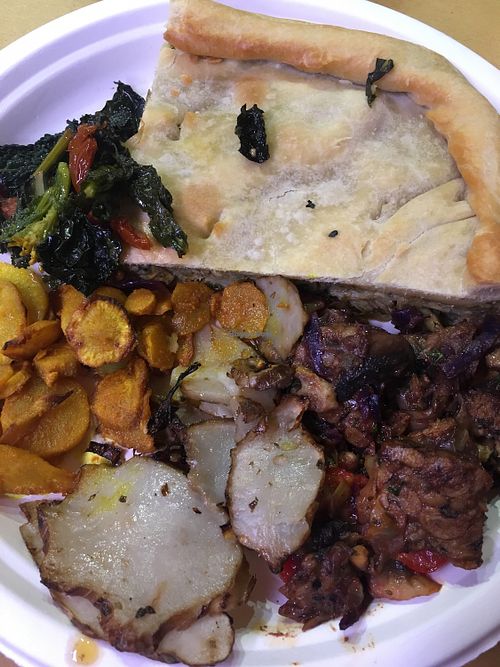 Artichoke pie, tempeh stir fry, kale and root veggies  at Jaa Nu' - La Nuova Vita in Genoa
