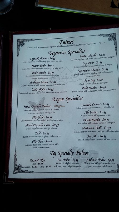Vegan menu section at Taj Mahal in Prescott