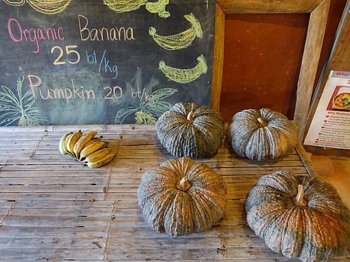 Organic pumpkins and bananas for sale at Pun Pun Market in Chiang Mai