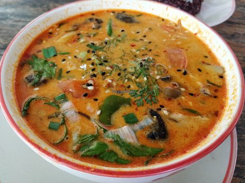 Vegetarian Tom yam soup with coconut milk at Pun Pun Market in Chiang Mai