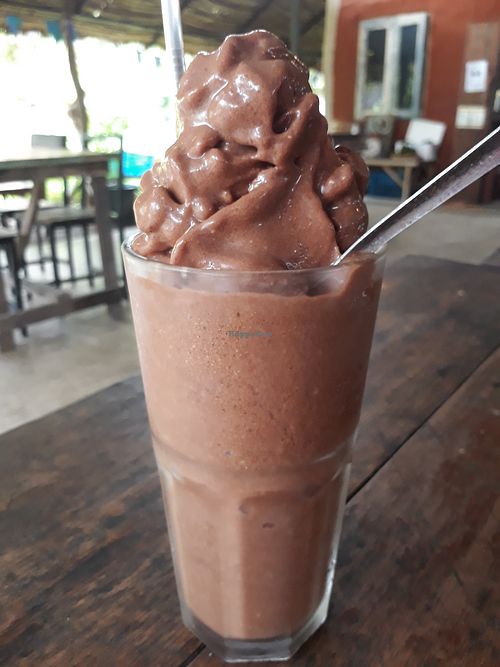 Banana choc peanut butter milkshake (vegan with coconut milk) at Pun Pun Market in Chiang Mai
