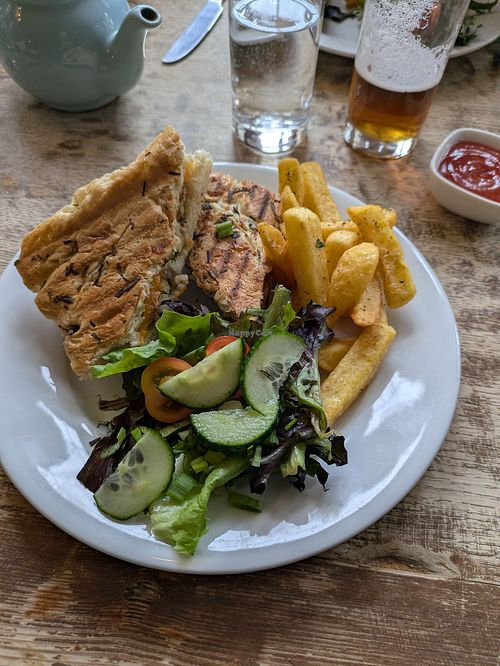 vegan sausage (vegetable/ potato sausage) and cheese focaccia at The Kings Arms in Stow-on-the-wold