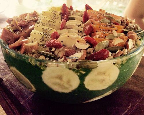 Green Godess smoothie bowl
Here is some of the ...'only at Raw Love'.. ingredients: Fresh Spirulina, Fresh coconut milk, sprouted almonds , sprouted seeds, coconut yoghurt, fresh fruits, spinach, goji berries and the main ingredient Love. at Raw Love - Ahau Tulum Beach in Tulum