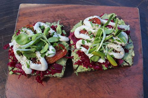 Phenomenal avocado on whole meal bread with red cabbage and sour cream. Vegan   at Raw Love - Ahau Tulum Beach in Tulum