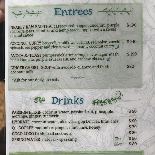 Entrees and special drink selections at Raw Love - Ahau Tulum Beach in Tulum