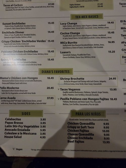 Portion of menu showing vegan options at Mi Cocina - Tulsa in Tulsa