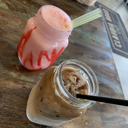 Strawberry Mylkshake and Iced Latte at The Pizza and Pasta Kitchen in Toongabbie