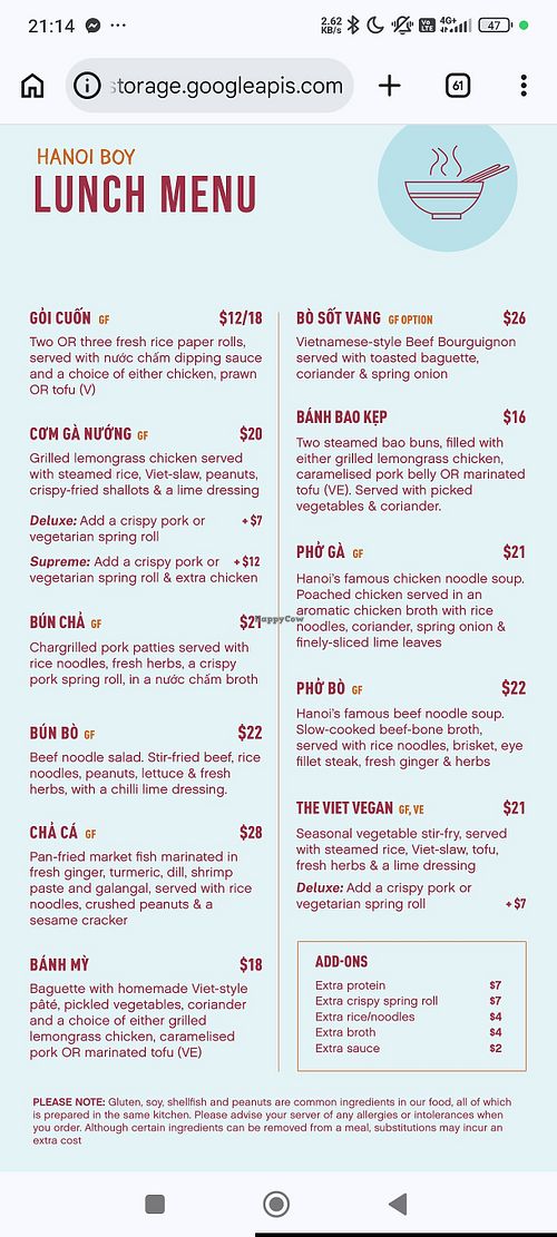 Lunch menu at Hanoi Boy in Cambridge