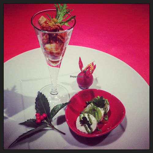 Christmas course #3 vegan cheese and tomato salad with pesto, and yuba soy Korean-style dish  at Little-Heaven in Kyoto