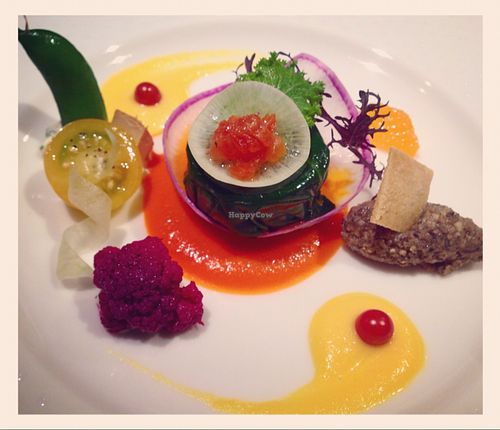 Christmas course #5 warm vegan salad with roasted pepper sauces, olive and mushroom paste,  sake cracker, cooked turnip and leaf wrap at Little-Heaven in Kyoto