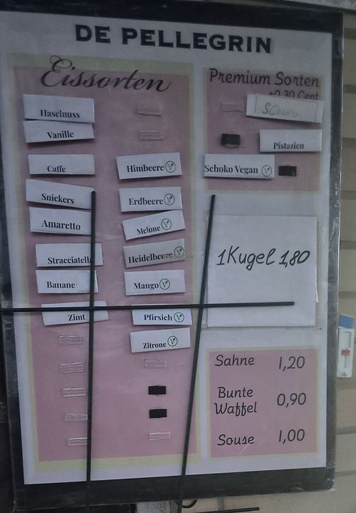 Speisekarte (Fruchtsorbets und Schoko Vegan) at Eiscafé De Pellegrin Gelateria Zoldana in Braunschweig