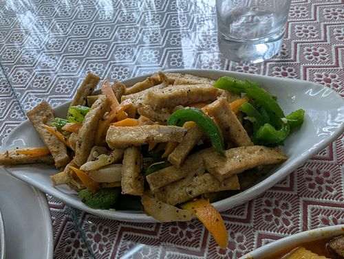 Fried sichuan tofu at Boddhi Garden Vegetarian Restaurant in Kathmandu