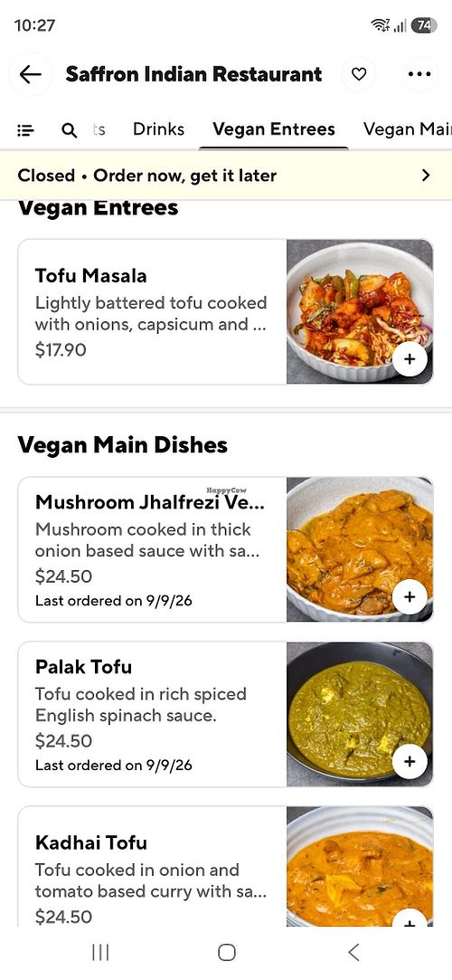 Mushroom Jhalfrezi and Tofu Palak were delicious at Saffron Indian Restaurant Inglewood  in Inglewood
