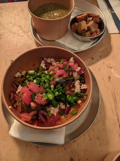 Vegan kzizot-pattie - served on polenta and in a tomato sauce  at Alegria in Tel Aviv