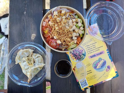 6 Gyozas with 1 vegan bowl composition at Family poke vielha in Viella