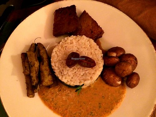 Tender pan-roasted seitan, marinated mushrooms, roasted asparagus and garlic spinach with rice and a fantastic tomato-parsley-garlic sauce at Bites and Wines in Antwerpen