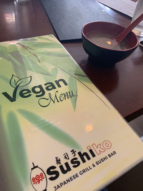 Vegan menu with vegan miso soup at Sushiko in Jacksonville