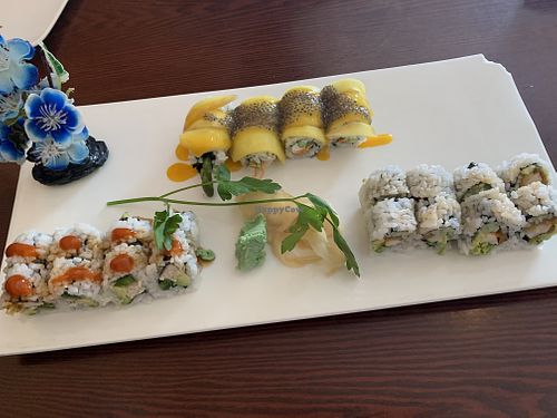 Sweet angel w/ chia on top, tempura vegan fish w/ Sriracha, and tempura shrimp!!!!!!!   at Sushiko in Jacksonville