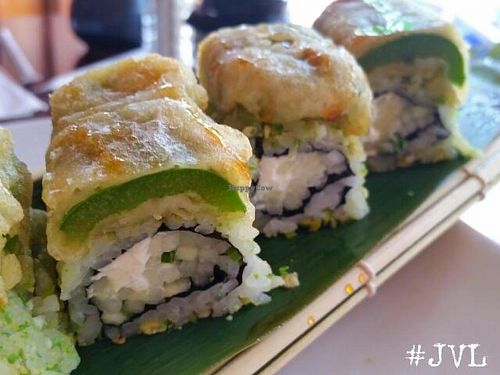 close up of Wasabi Peas roll with Tempura Jalapeno on top, vegan!  at Sushiko in Jacksonville