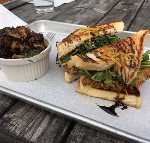 BBQ Pulled jackfruit sandwich with Brussels at Dharma Southern Chick'n in Orlando