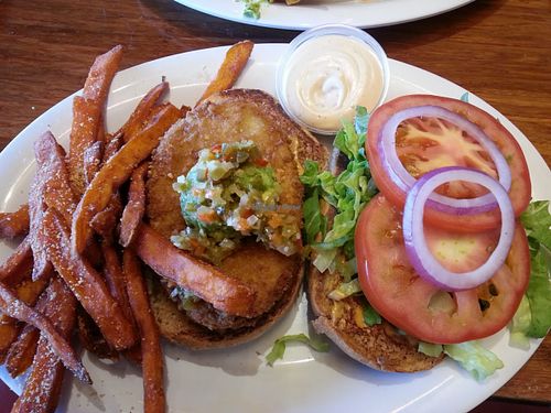 Santa Fe Crispy Chicken with sweet potato fries. at Veggie Grill by Next Level - Tustin Marketplace in Irvine