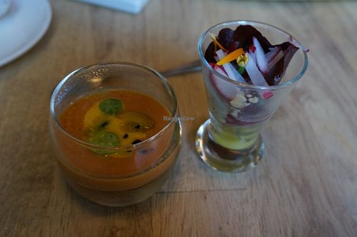 Appetizer: tiny soup and salad (complimentary) at Reliva in Bruges