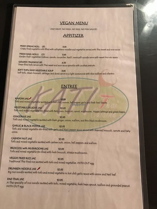 Vegan menu at Kati Thai Cuisine in Gadsden