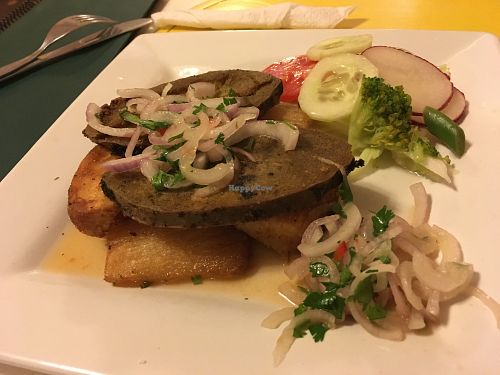 vegan fish with fried yuca at Loving Hut in Chiclayo