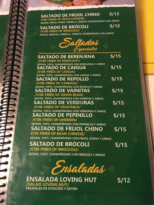 menu at Loving Hut in Chiclayo