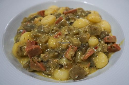 Gnocchi with eggplant, seitan, and bechamel sauce. at Logud'Oro in Sassari
