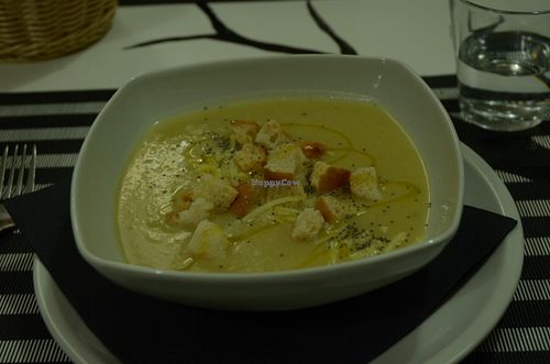 Cream of Potato/Cucumber with Vegan Cheese & Crutons at Logud'Oro in Sassari